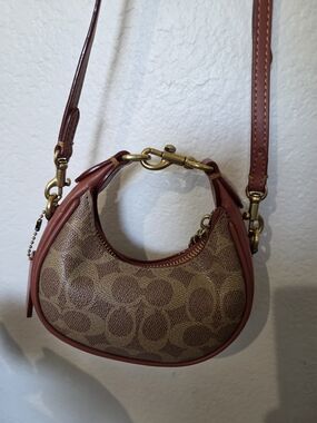 Coach Brown Signature Crescent Bag with Tan Trim